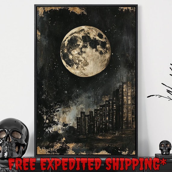 Celestial Moon Framed Wall Art Abstract Great Library Painting Print Gothic Landscape Decor Dark Academic Poster Gift Ready To Hang