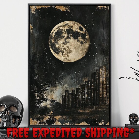 Full Moon Over Midnight Library Bookshelf Cityscape Night Poster
