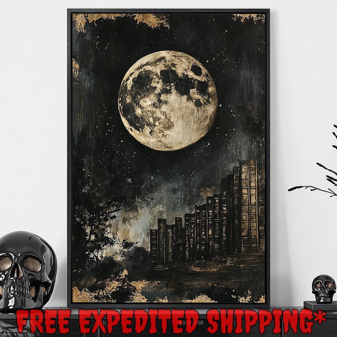Celestial Moon Framed Wall Art Abstract Great Library Painting Print Gothic Landscape Decor Dark Academic Poster Gift Ready To Hang