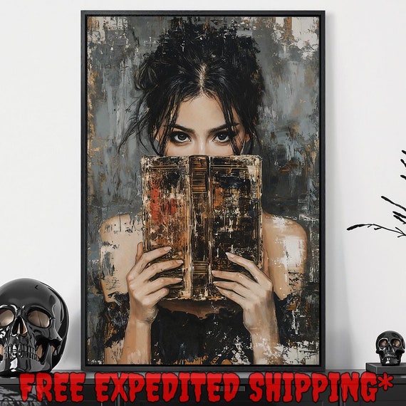 Elegant Girl Reading Dark Literature Print Woman And Vintage Book Decor Gothic Dark Academic Poster Ready To Hang Framed Wall Art