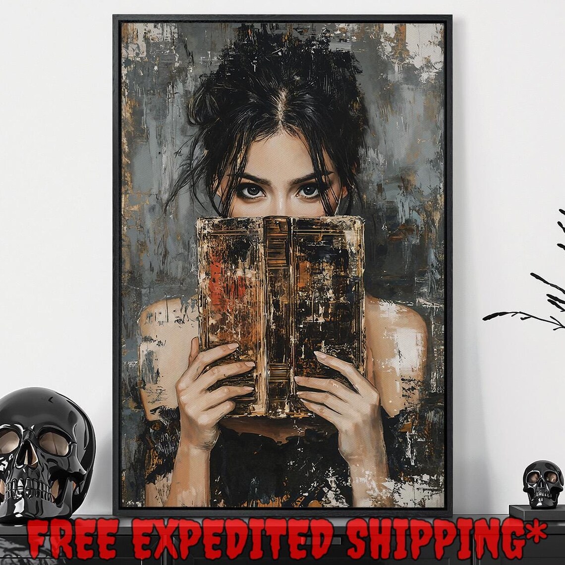 Woman Holding Vintage Book Over Face Moody Dark Academia Reader Wall Art