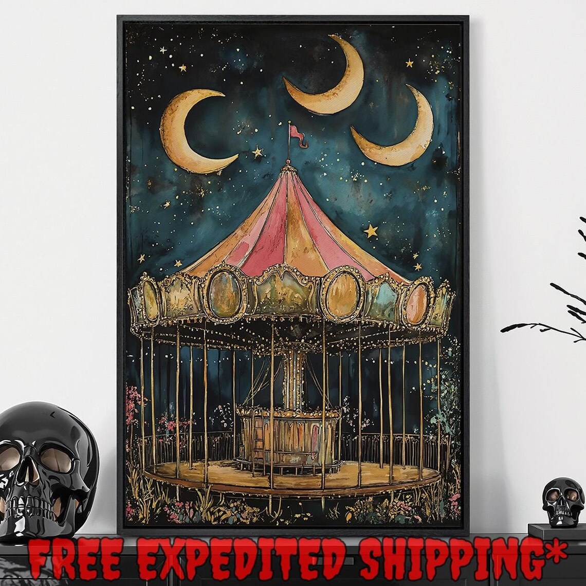 Dreamy Carousel Under Three Crescent Moons Starry Night Poster