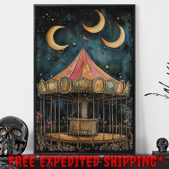 Magical Carousel Print Dreamy Starry Night And Crescent Moon Decor Fantasy Dark Academic Poster Ready To Hang Framed Wall Art