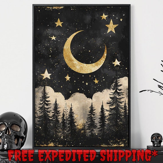 Celestial Night Scene Framed Wall Art Crescent Moon And Stars Painting Print Dark Pine Forest Decor Gothic Poster Gift Ready To Hang