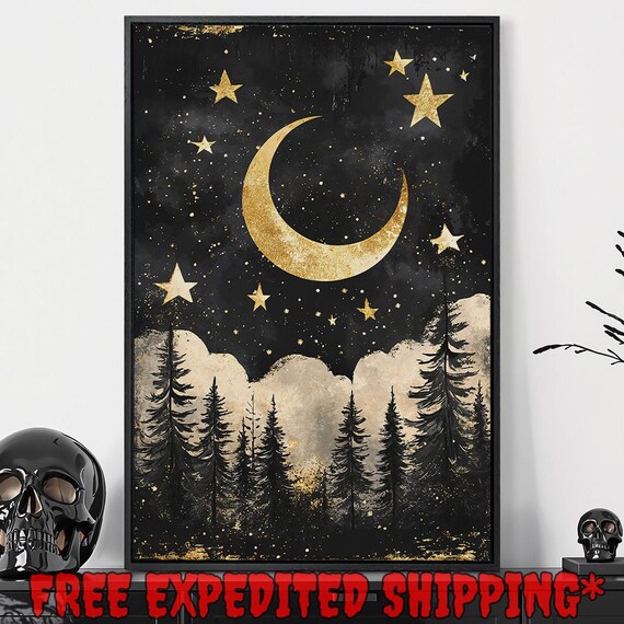 Gold Crescent Moon Stars Pine Forest Gothic Celestial Night Sky Wall Poster
