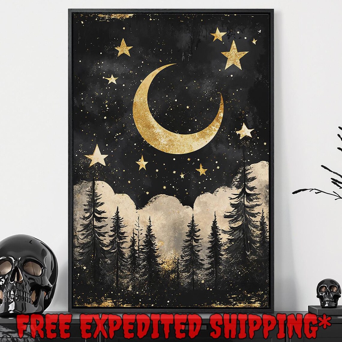 Gold Crescent Moon Stars Pine Forest Gothic Celestial Night Sky Wall Poster