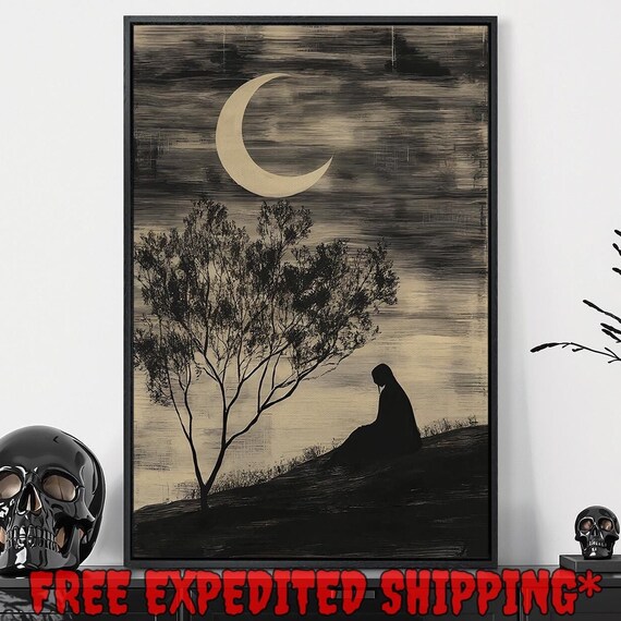 Seated Woman Silhouette Under Crescent Moon Sepia Night Art Poster