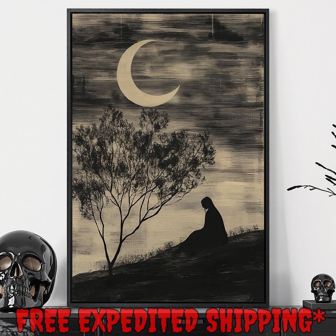 Seated Woman Silhouette Under Crescent Moon Sepia Night Art Poster