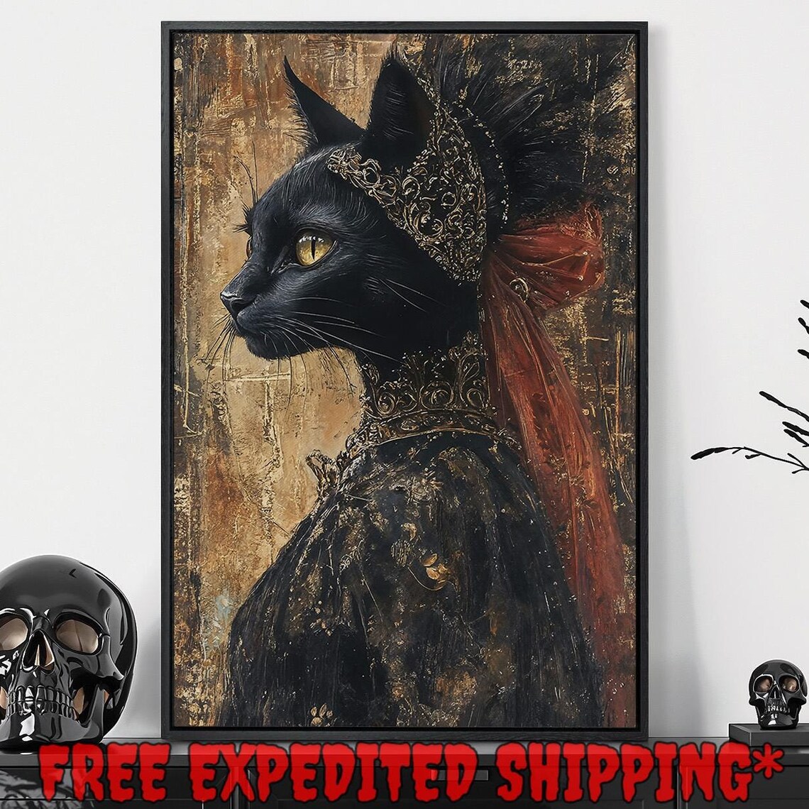 Black Cat In Golden Headdress Red Veil Gothic Feline Portrait Poster