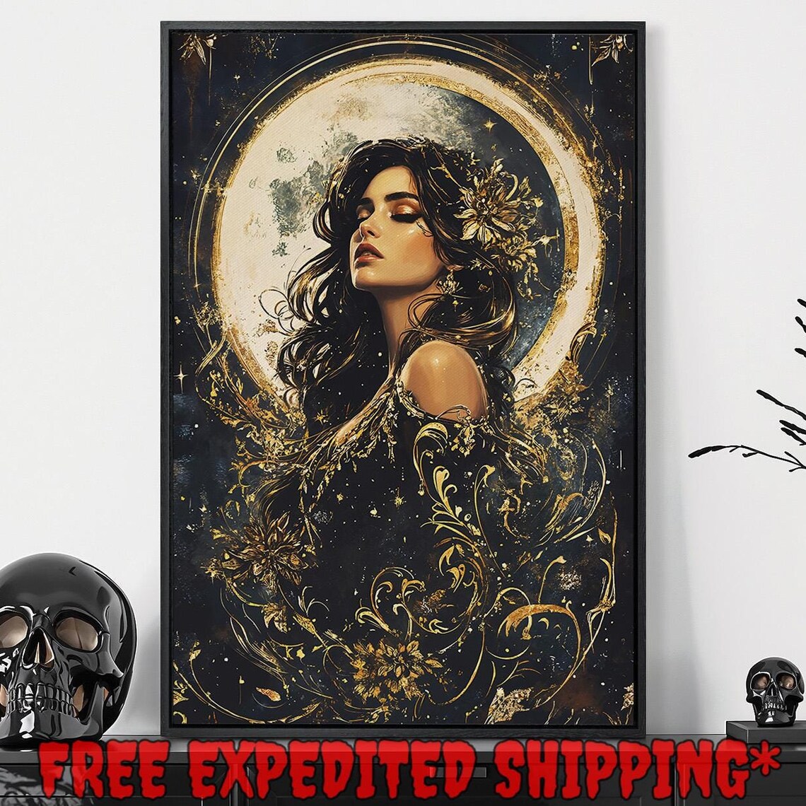 Celestial Goddess Full Moon Halo Flowing Hair Black Gold Mystical Wall Art