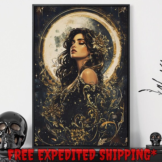 Celestial Goddess Full Moon Halo Flowing Hair Black Gold Mystical Wall Art
