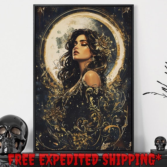 Mystical Woman In The Moonlit Print Golden Full Moon And Floral Decor Gothic Dark Celestial Poster Ready To Hang Framed Wall Art