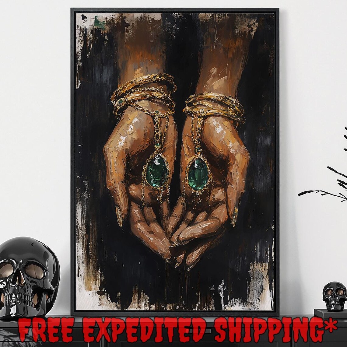 Elegant Hands Holding Emerald Green Jewelry Dark Painterly Gold Wall Poster