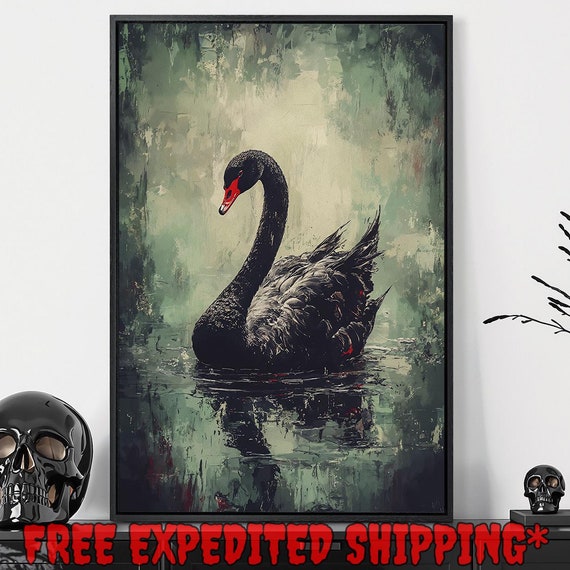 Black Swan In Green Pond Print Stunning Wildlife Decor Gothic Dark Academia Poster Ready To Hang Framed Wall Art Gift For Home