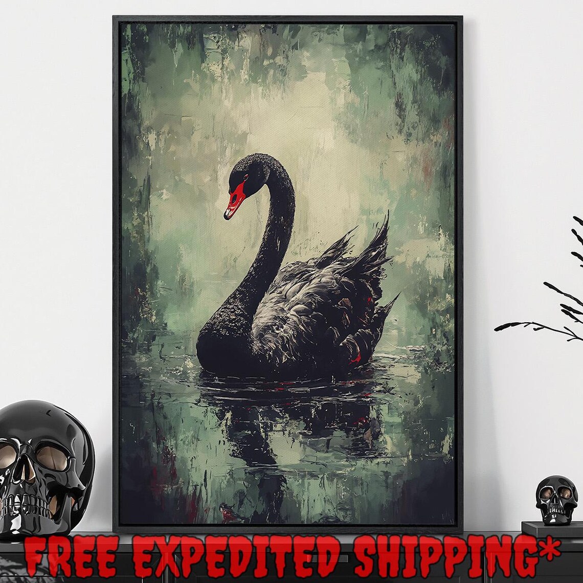 Black Swan Green Pond Red Beak Impressionist Wildlife Water Poster