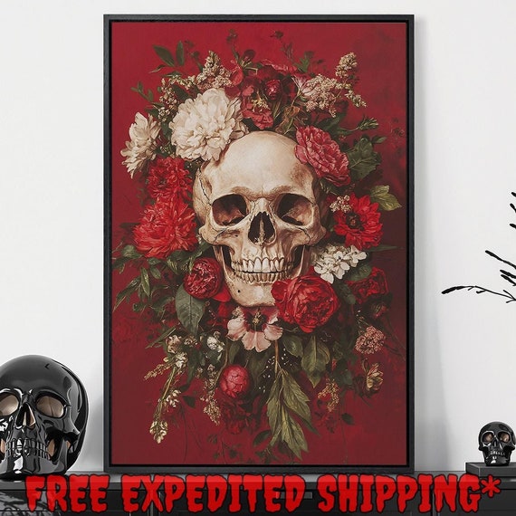 Skull And Red Flowers Framed Wall Art Dark Botanical Painting Print Creepy Dramatic Decor Gothic Dark Academia Poster Ready To Hang