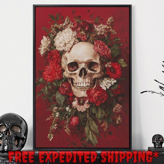 Skull Crowned With Red And White Flowers Deep Red Gothic Floral Dark Poster