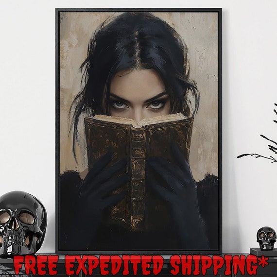 Mysterious Woman Reading Dark Book Print Dark Novel Reader Decor Gothic Dark Cottagecore Poster Ready To Hang Framed Wall Art