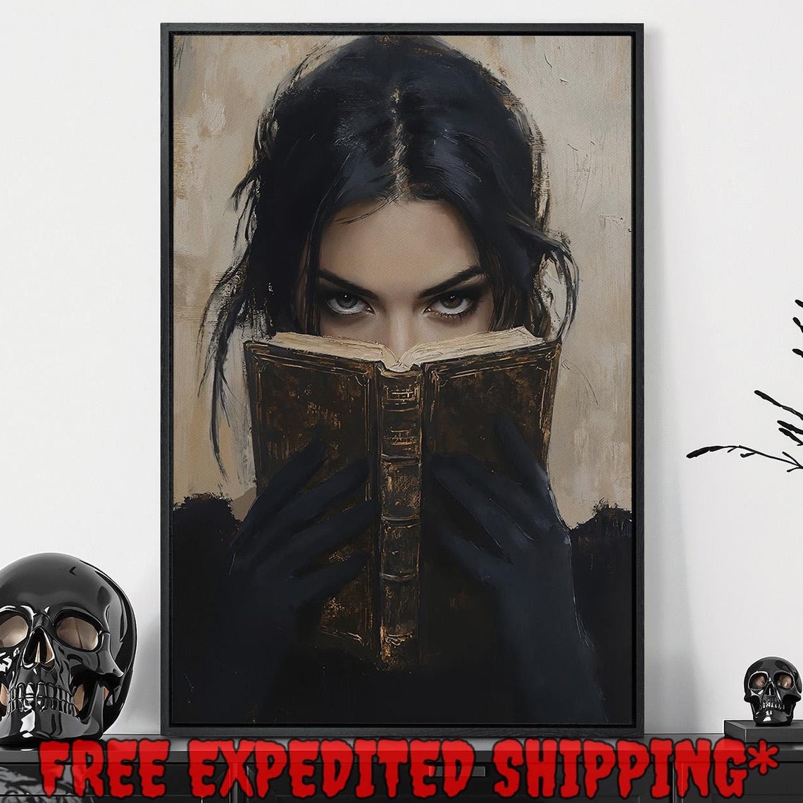 Mysterious Woman Reading Dark Book Print Dark Novel Reader Decor Gothic Dark Cottagecore Poster Ready To Hang Framed Wall Art