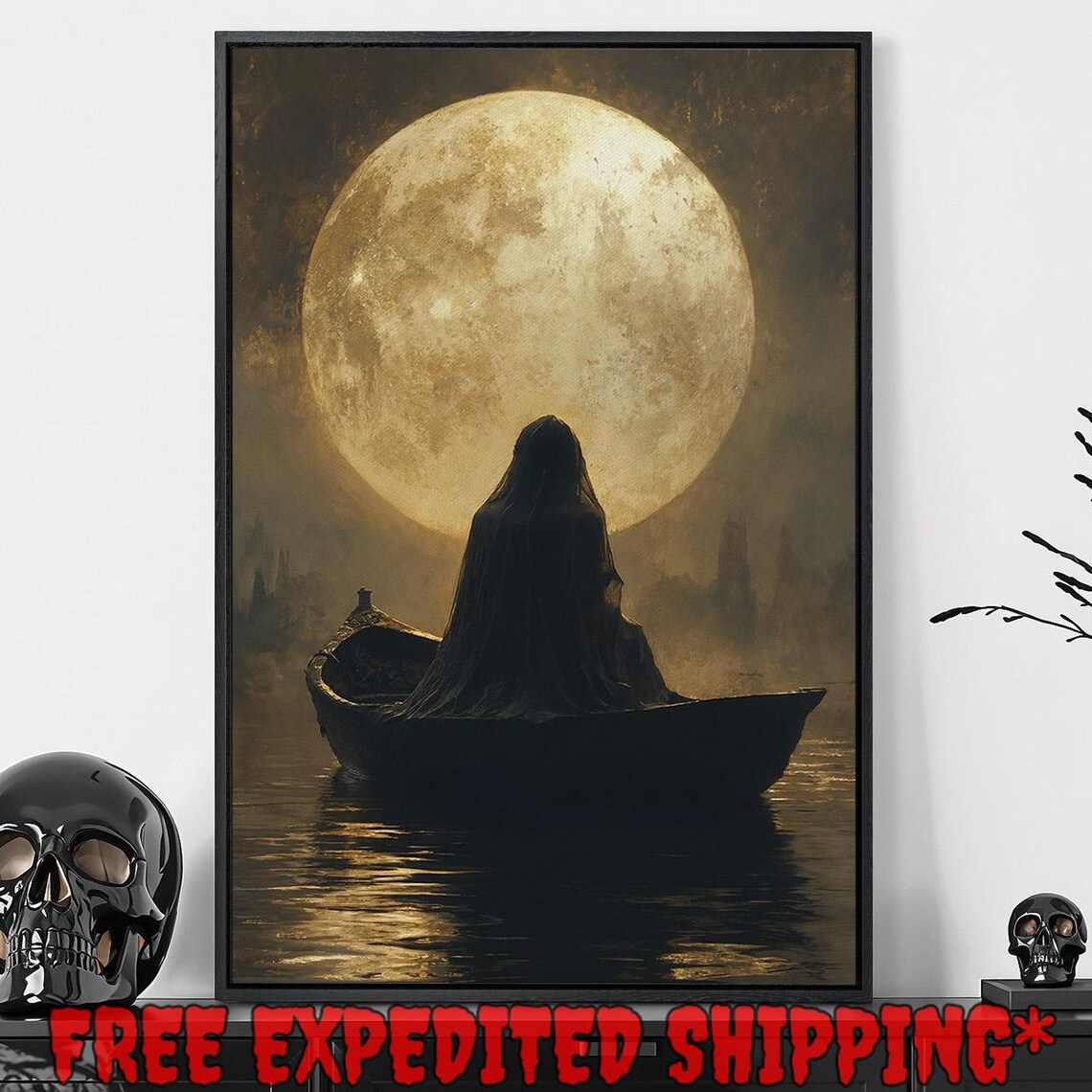 Cloaked Figure In Boat Beneath Giant Golden Moon Mist Poster