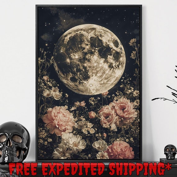 Full Moon In Starry Night Sky Print Elegant Flowers Romantic Scene Decor Gothic Dark Academic Poster Ready To Hang Framed Wall Art