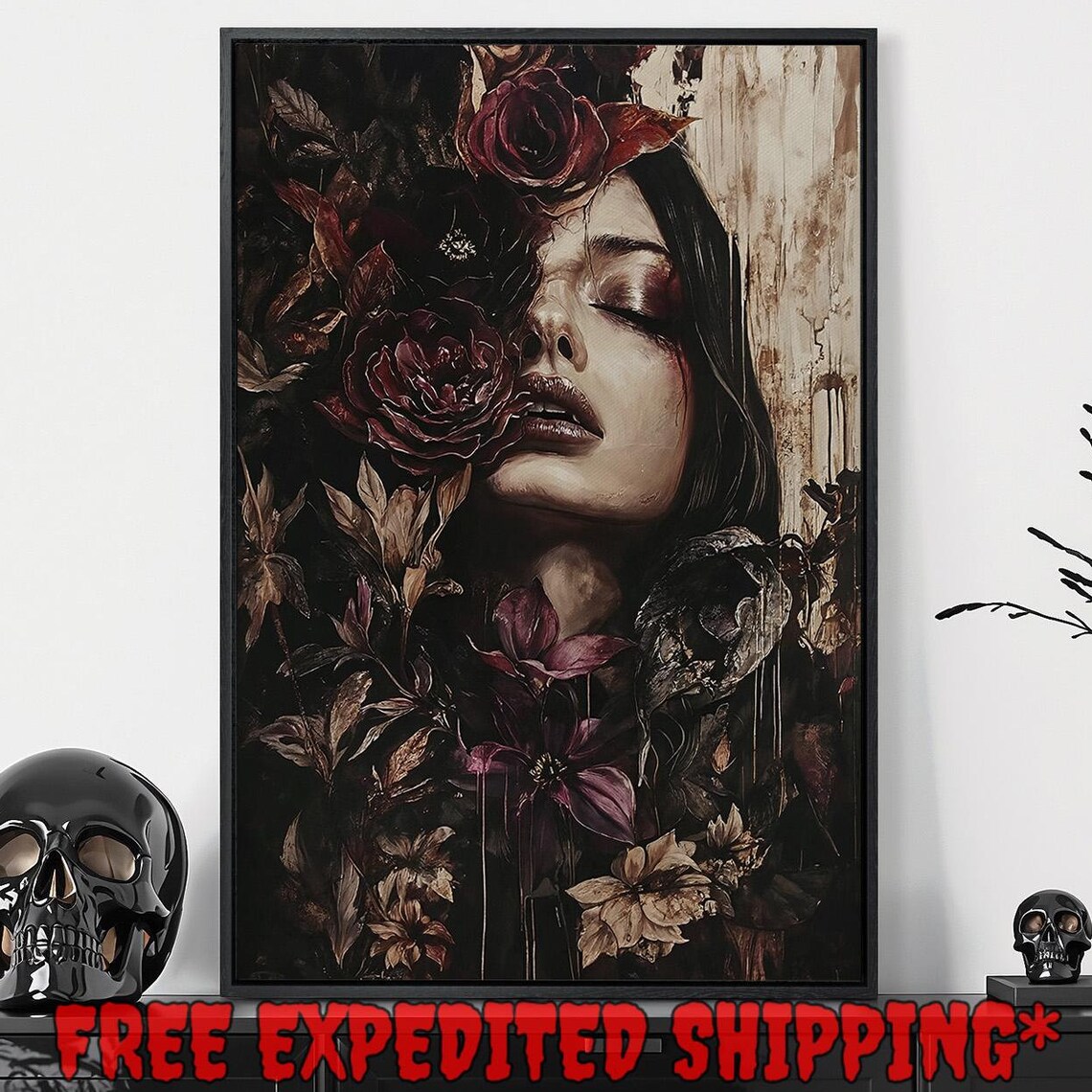 Woman Face Among Dark Red Roses Mysterious Moody Floral Gothic Poster