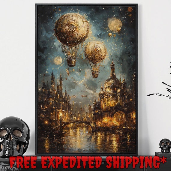 Steampunk Fantasy Cityscape Framed Wall Art Hot Air Balloons Painting Print Dramatic Sky Decor Dark Academic Poster Ready To Hang