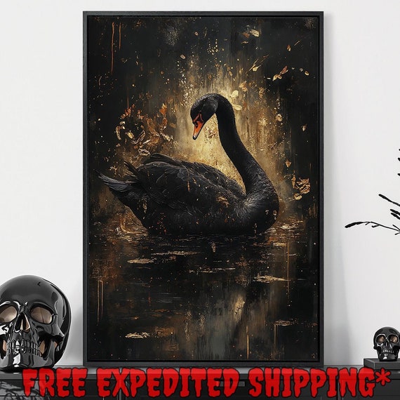 Black Swan In Pond Framed Wall Art Gothic Dark Animal Painting Print Mysterious Wildlife Decor Dark Cottagecore Poster Ready To Hang