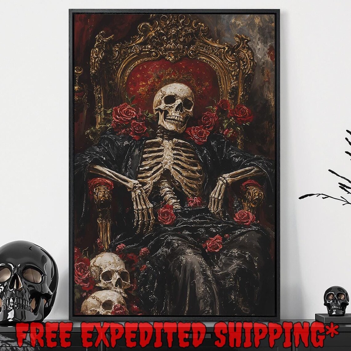 Gothic Skeleton On Golden Throne With Red Roses And Skulls Dark Poster