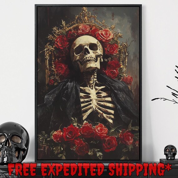Royal Skeleton Crowned With Red Roses Dark Floral Painting Poster