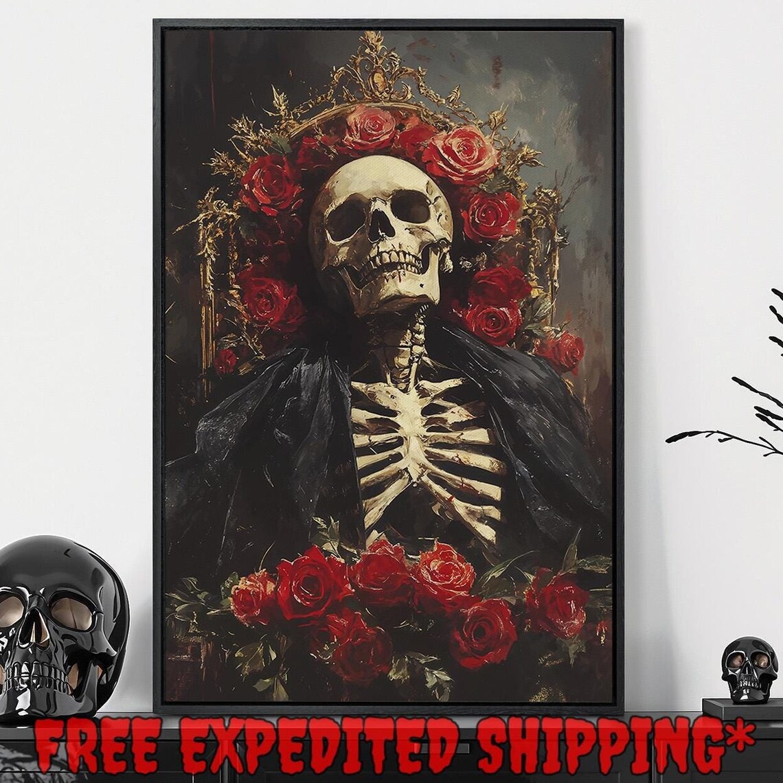 Royal Skeleton Crowned With Red Roses Dark Floral Painting Poster