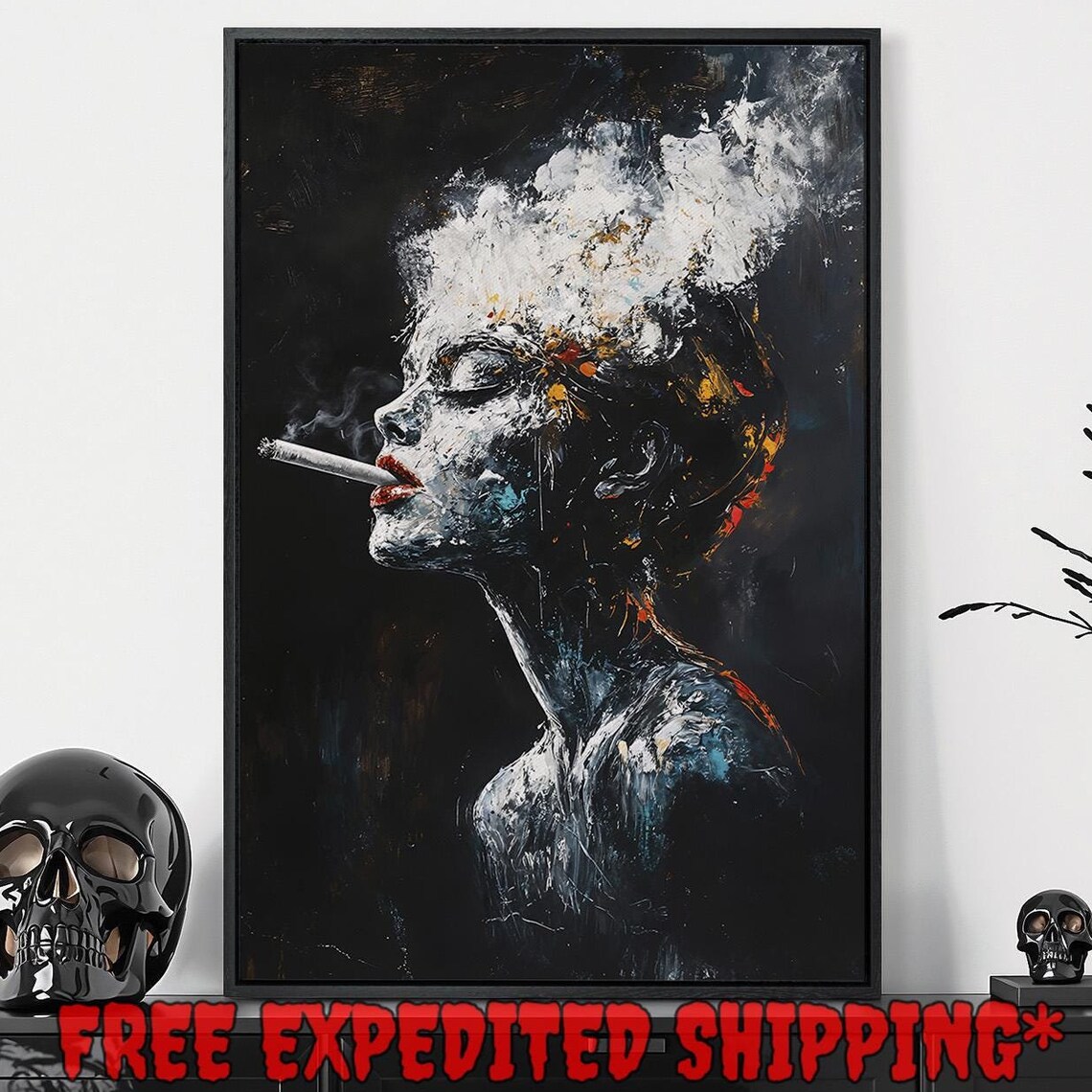 Smoking Woman Profile Abstract Portrait Black And White Dark Art Poster