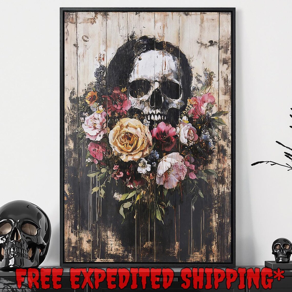 Skull With Blooming Roses On Distressed Wood Dark Floral Gothic Poster