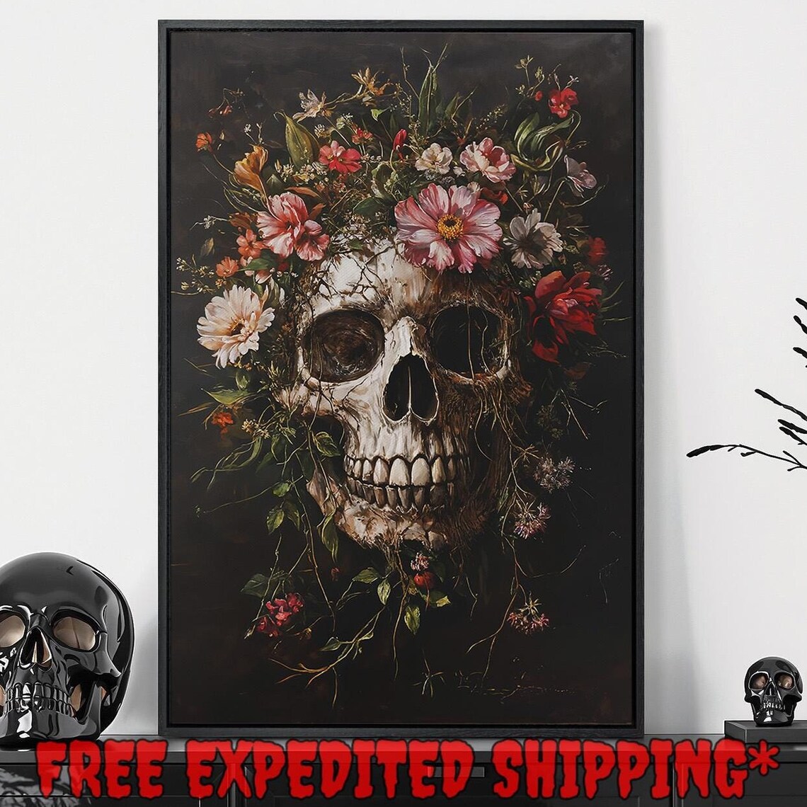 Skull Adorned With Pink and White Wildflower Crown Art Poster
