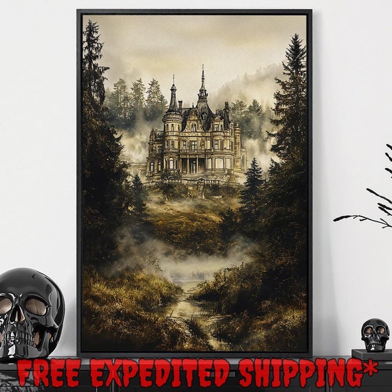 Gothic Castle In Mystical Green Forest Print Enchanted Landscape Decor Moody Dark Cottagecore Poster Ready To Hang Framed Wall Art