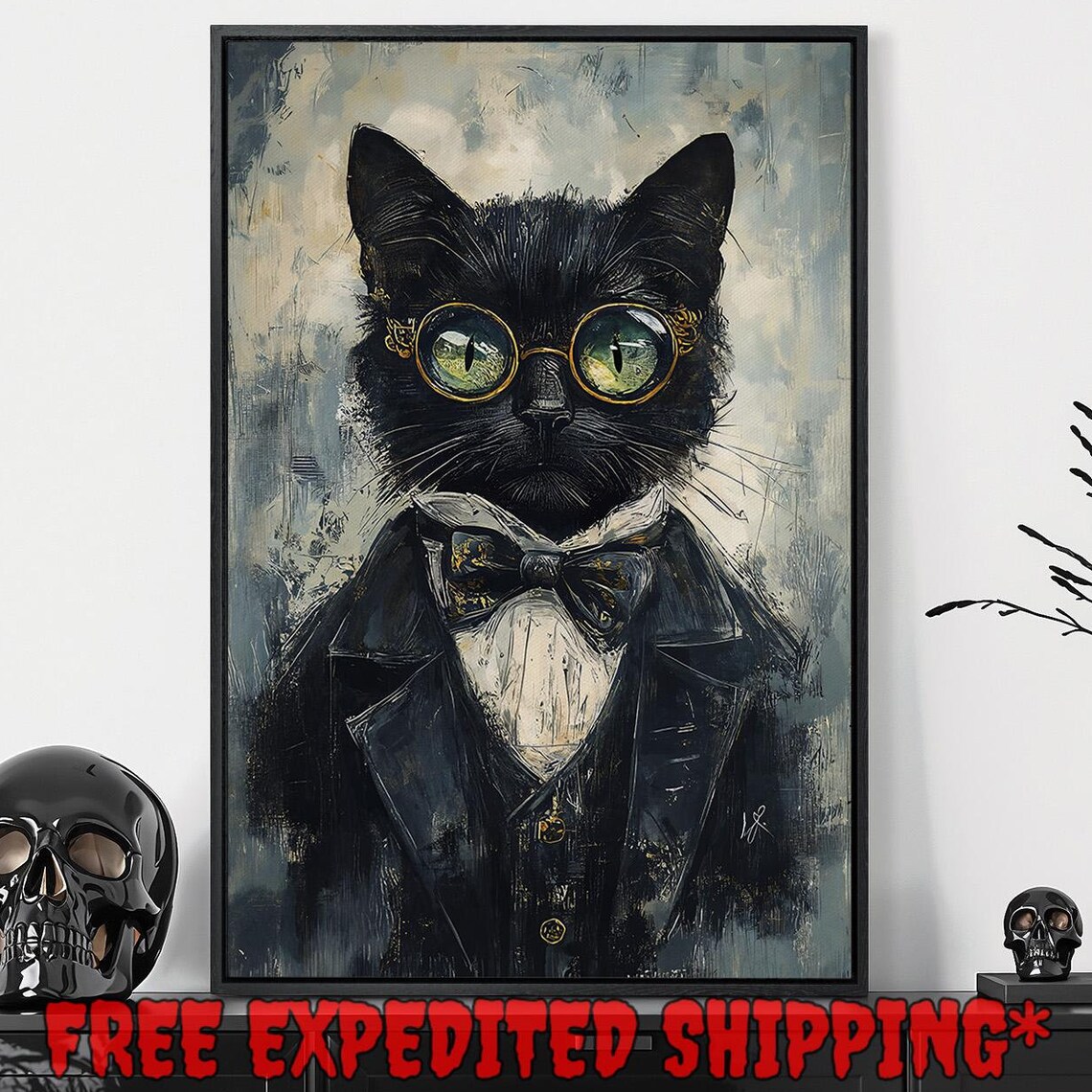 Black Cat In Suit And Bow Tie With Round Gold Glasses Whimsical Portrait Poster