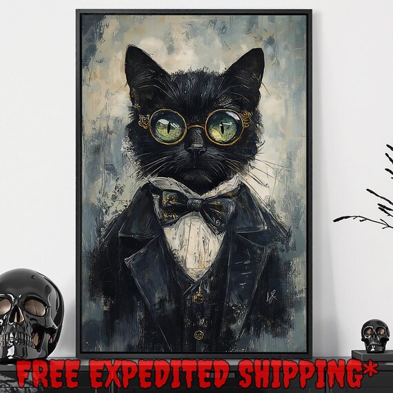 Black Cat In Suit And Bow Tie With Round Gold Glasses Whimsical Portrait Poster