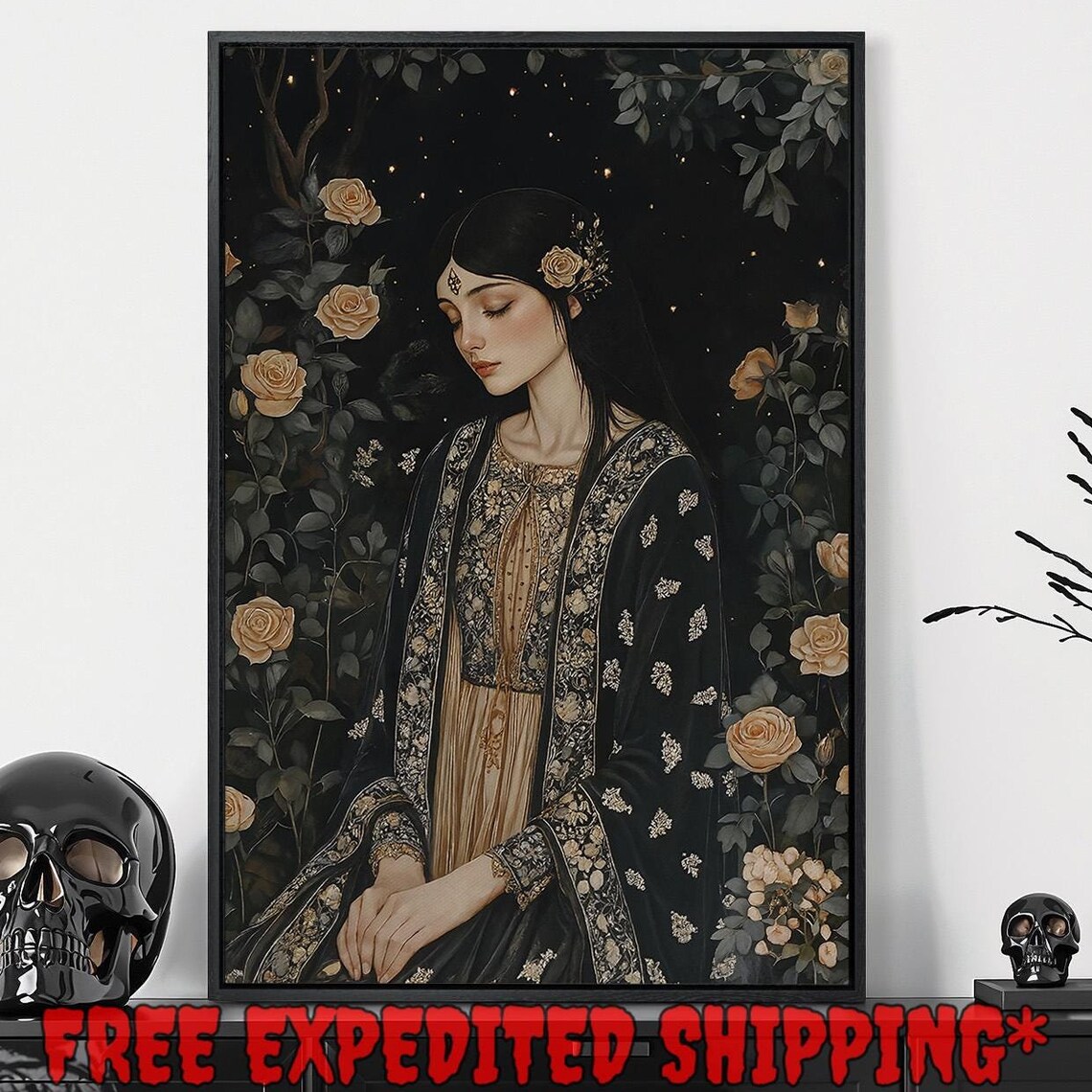 Woman Embroidered Black Robe Night Roses Starry Garden Dark Romance Wall Art