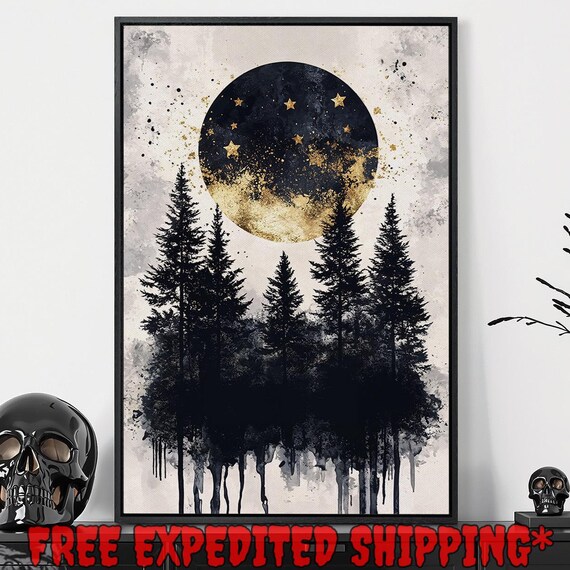 Black and Gold Moon Above Pine Trees Minimalist Wall Art Poster
