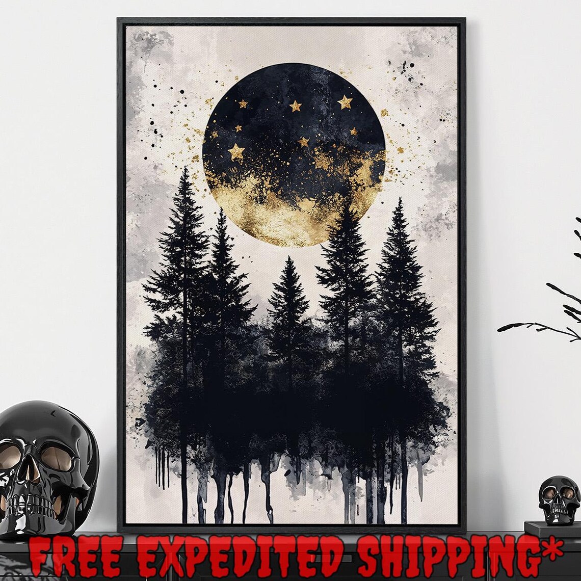 Black and Gold Moon Above Pine Trees Minimalist Wall Art Poster