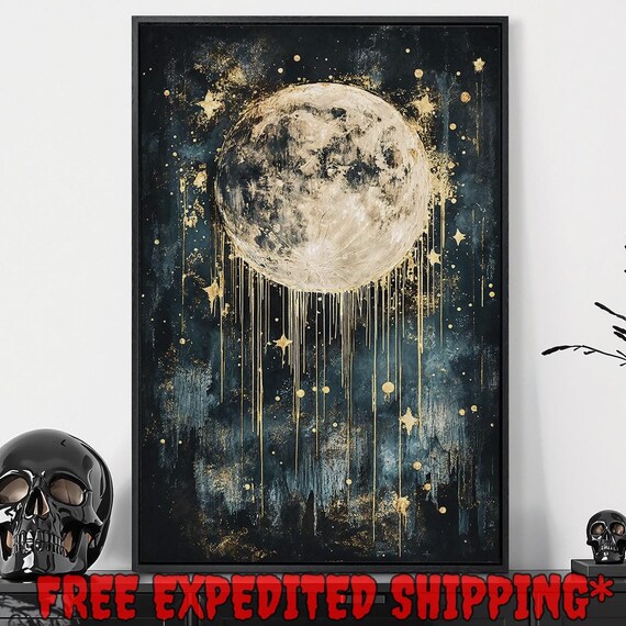 Surreal Full Moon Framed Wall Art Abstract Star Rain Painting Print Mystical Dark Space Decor Dreamy Cosmic Poster Gift Ready To Hang