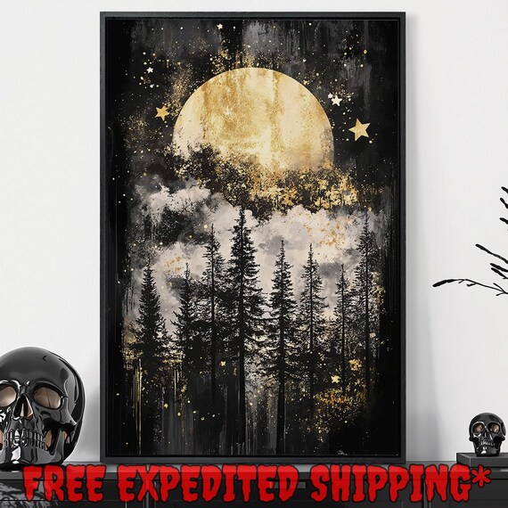 Full Golden Moon Stars Pine Forest Night Sky Dark Enchanted Wall Art Poster
