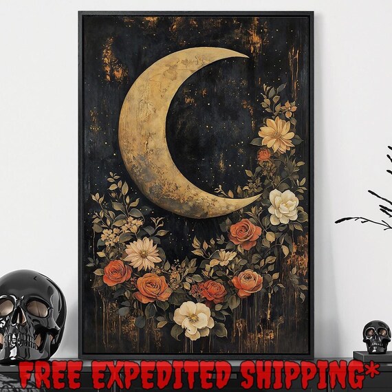 Golden Crescent Moon Orange Roses Starry Night Dark Floral Celestial Poster