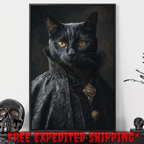 Victorian Black Cat Art Print, Gothic Dark Academia