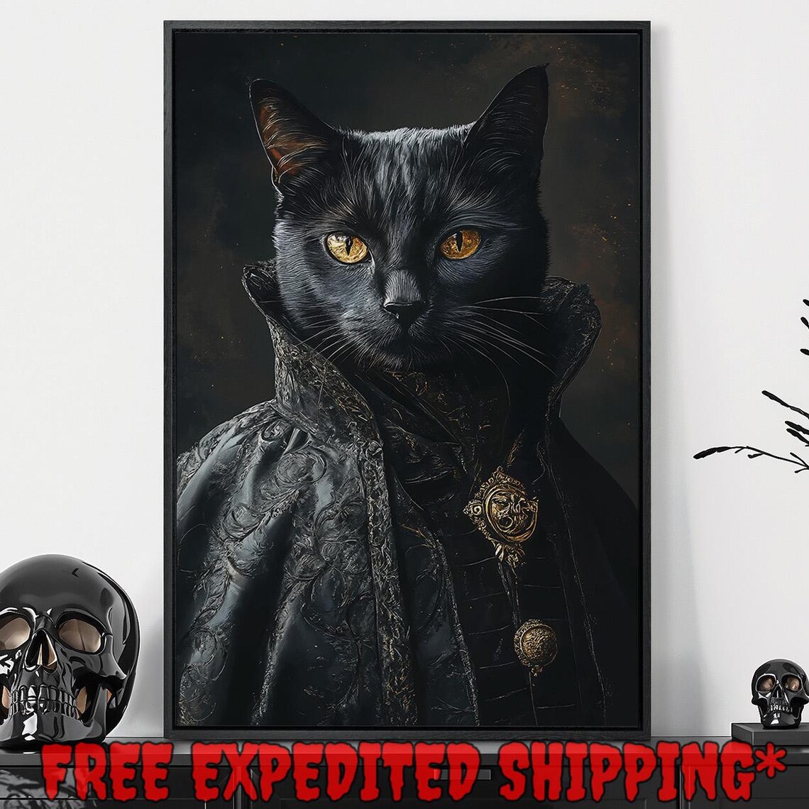Victorian Black Cat Art Print, Gothic Dark Academia