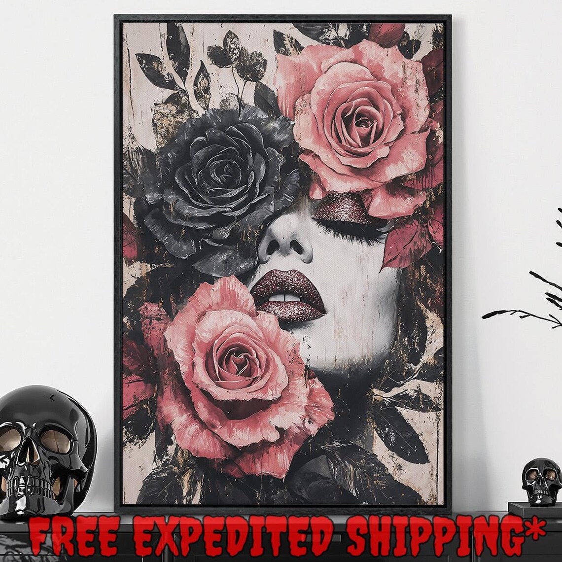 Gothic Woman Face Among Pink and Black Roses Glam Art Poster