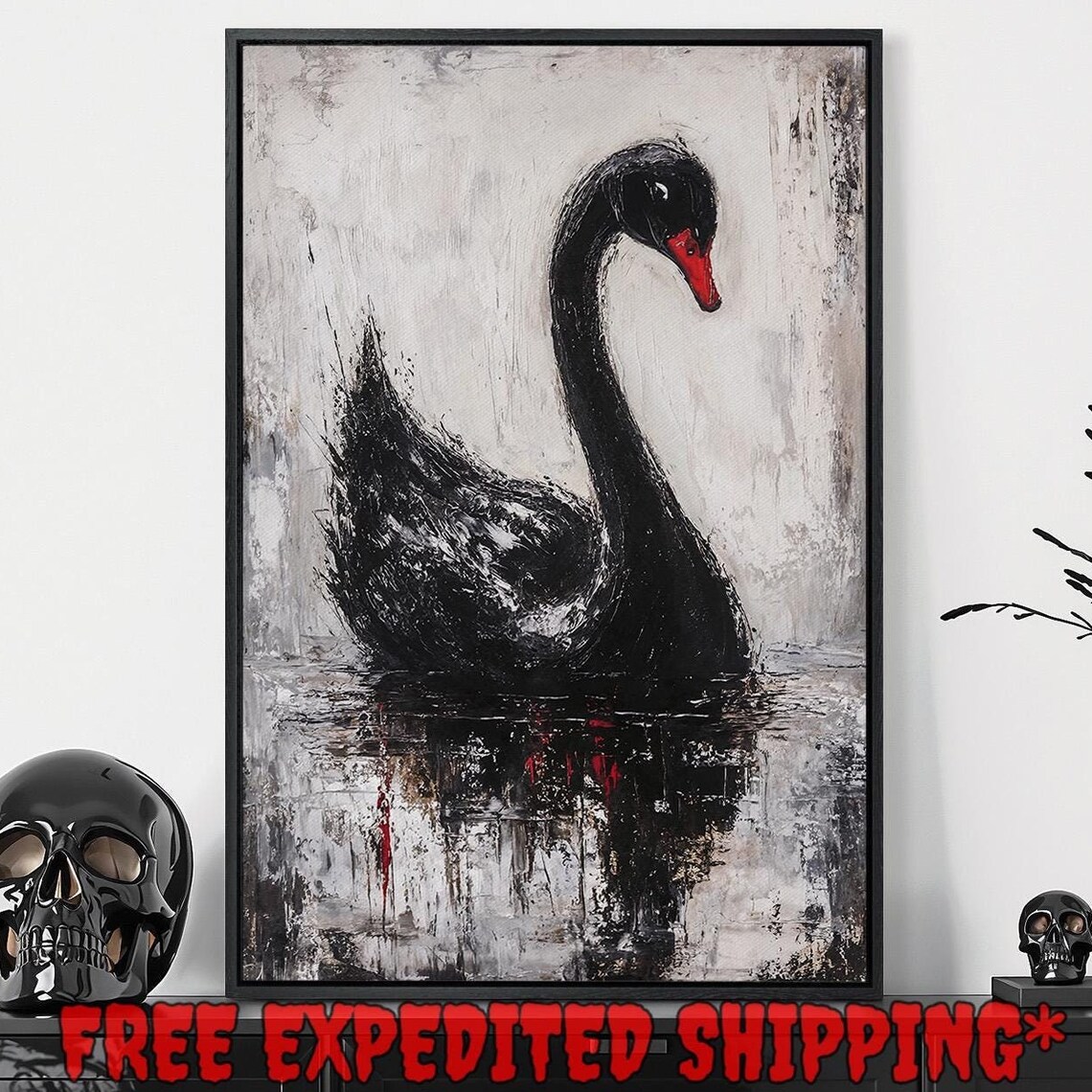 Black Swan With Red Beak Abstract Light Gray Water Art Poster