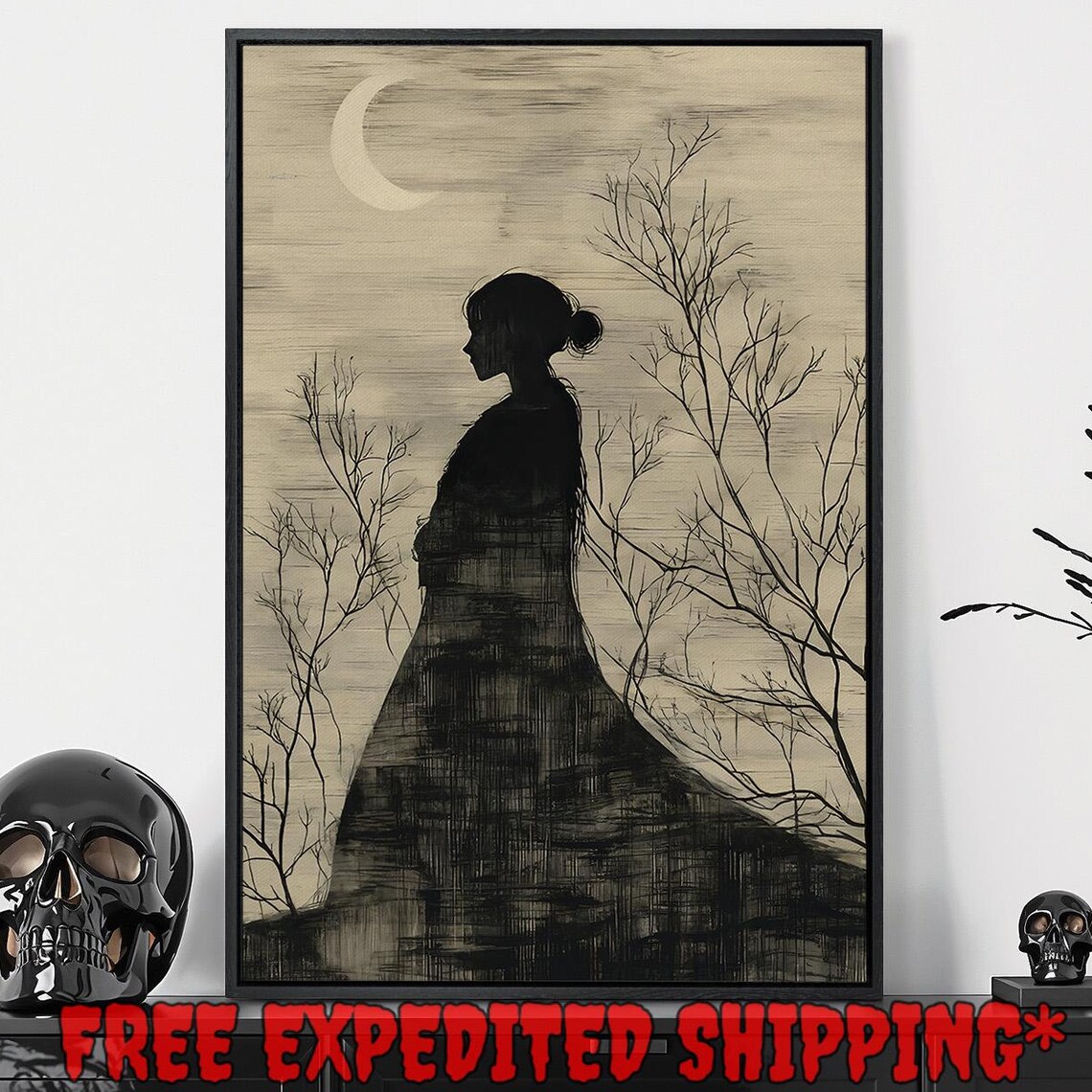 Gothic Woman in Flowing Gown Silhouette Under Crescent Moon Poster