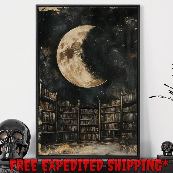 Half Moon Over Grand Library Tall Bookshelves Night Sky Poster