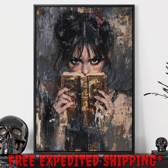 Girl Reading Antique Book Intense Gaze Dark Grungy Gothic Literature Wall Art